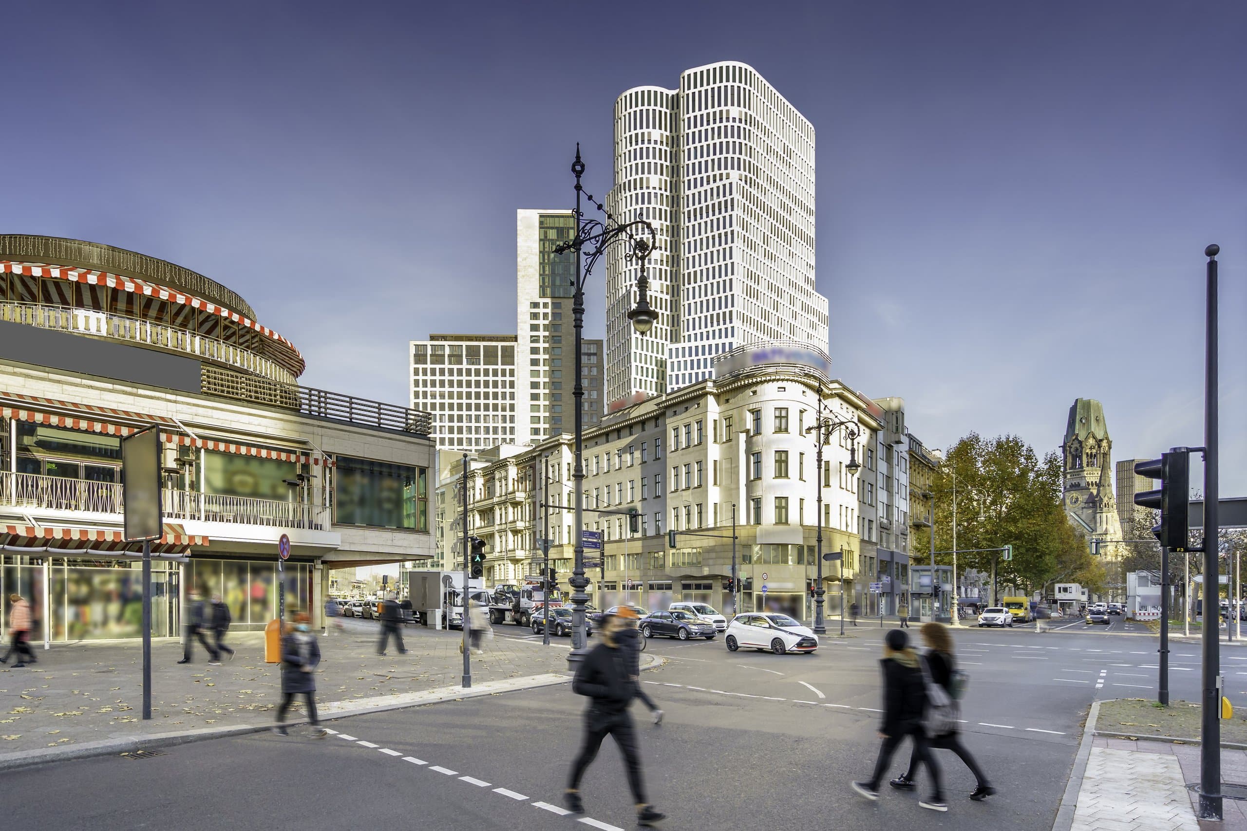 Kurfürstendamm in Berlin mit Upper West, Bikinihaus und Kaiser-Wilhelm-Gedächtniskirche